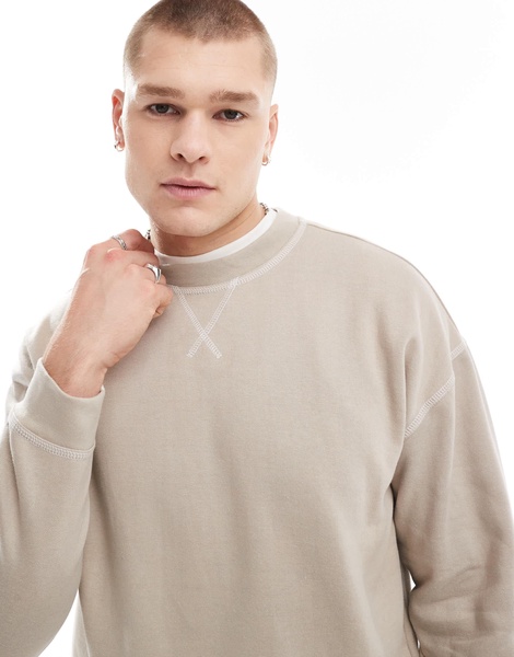 Another Influence contrast stitch crewneck sweater in stone