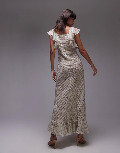 Topshop premium ruffle pintuck gown in soft gray floral
