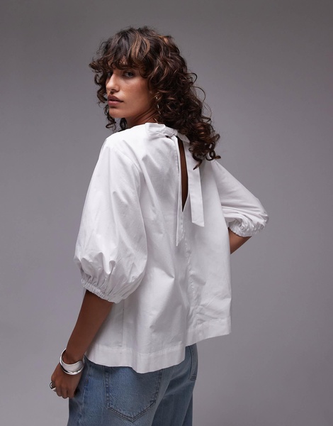 Topshop poplin puff sleeve top in ivory