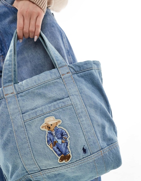 Polo Ralph Lauren bear denim tote bag in washed blue