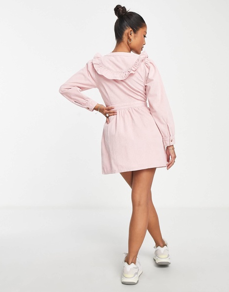 Miss Selfridge petite ruffle yolk corduroy dress in pink
