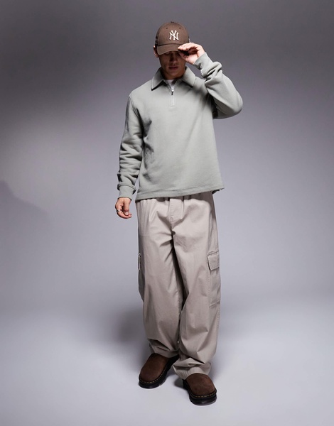 River Island quarter zip collared sweatshirt in light khaki