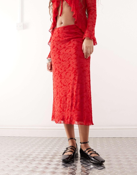 Reclaimed Vintage flocked mesh midi skirt in cherry red - part of a set