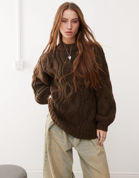 Monki oversized crew neck cable knitted sweater in brown
