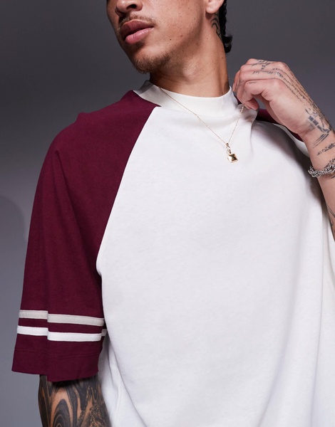 ASOS DESIGN oversized contrast raglan T-shirt with tape detail in cream