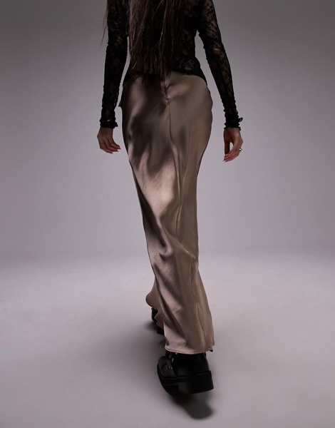 Topshop Tie Front Circle Satin skirt in dusky pink
