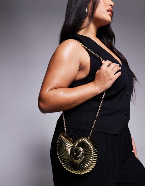 ASOS DESIGN round ammonite shell clutch bag with crossbody chain strap in gold