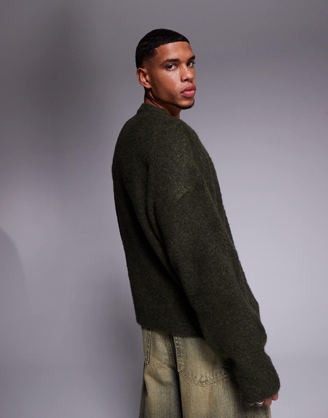 ASOS DESIGN oversized boxy fit textured knit crew neck sweater in olive