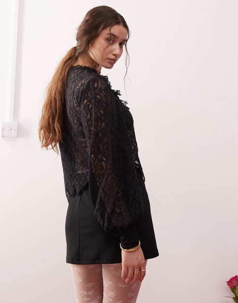 Miss Selfridge lace victoriana blouse in black