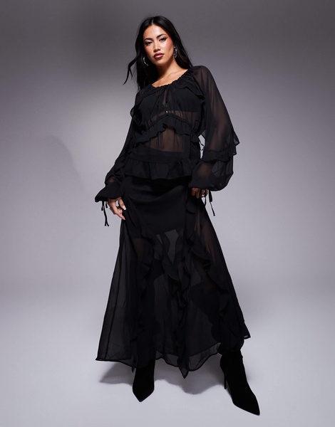 River Island chiffon ruffle tie detail blouse in black