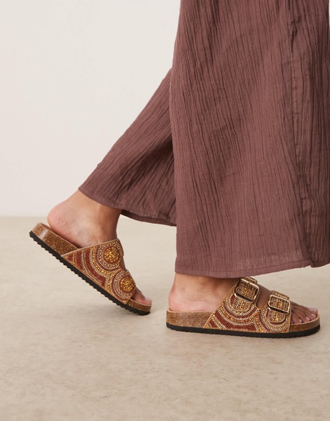 ASOS DESIGN Wide Fit Funky beaded double strap flat mules in amber