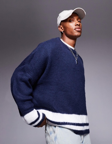 ASOS DESIGN super oversized boxy fit fluffy knitted sweater in navy with white tipping