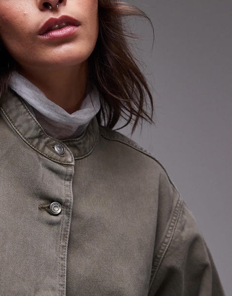 ARKET oversized denim shacket with high collar and front patch pockets in washed khaki green
