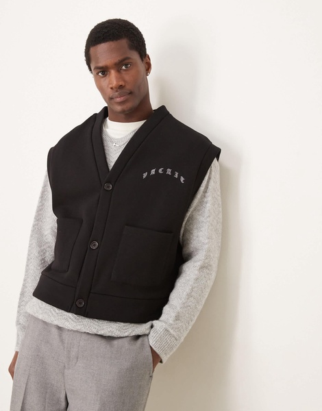 ASOS DESIGN oversized cropped sleeveless cardigan with embroidery in black