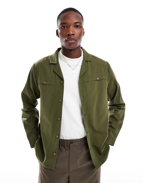 Another Influence camp collar utility shirt in olive