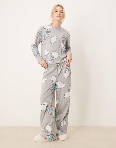 ASOS DESIGN rainbow long sleeve top & pants pajama set in gray heather