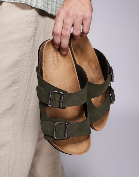 ASOS DESIGN two strap sandals in olive with cork soles