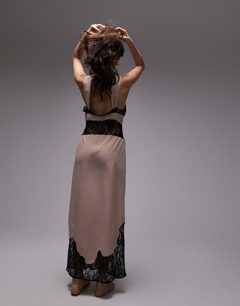 Topshop lace insert embroidered maxi slip in pink