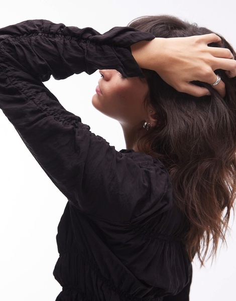 Topshop shirred long sleeve top in black