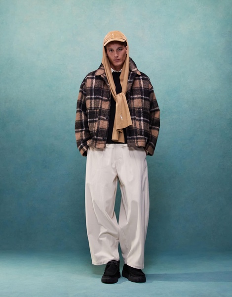 ASOS DESIGN oversized wool look check worker jacket in brown