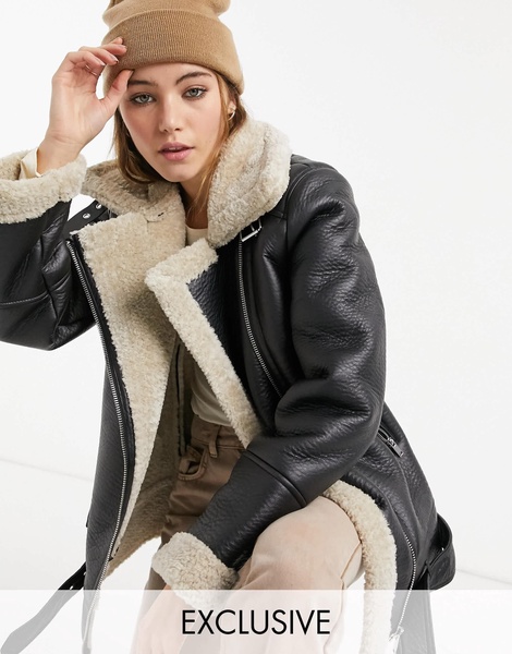 Stradivarius contrast borg collar aviator jacket in black