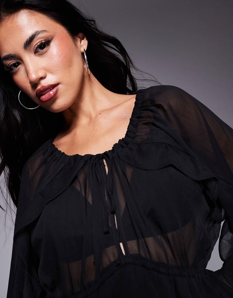 River Island chiffon ruffle tie detail blouse in black