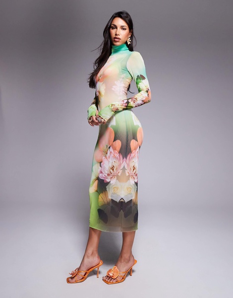 AFRM long sleeve turtleneck midi dress in green floral