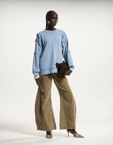 ASOS DESIGN ruched sleeve sweatshirt in washed blue
