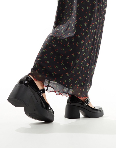 ASOS DESIGN Wide Fit Sebastian chunky mary jane heeled shoes in black patent