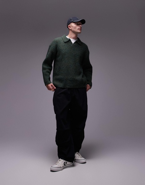 Topman relaxed open collar sweater in khaki