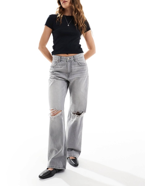 Bershka ripped knee wide leg jeans in light gray
