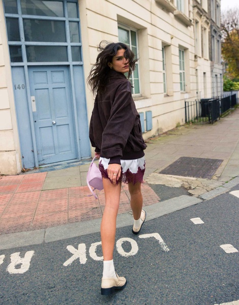 Topshop premium real suede bomber jacket in chocolate