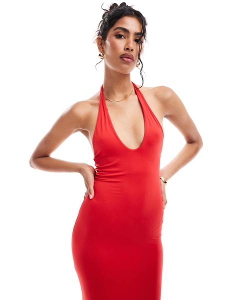 Bershka halterneck bodycon maxi dress in red