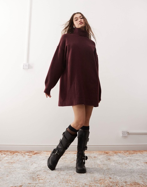 Weekday Annie wool blend roll neck mini knitted sweater dress in burgundy melange exclusive to ASOS