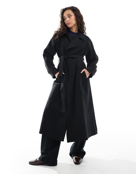 ASOS DESIGN waterfall collar trench coat in black
