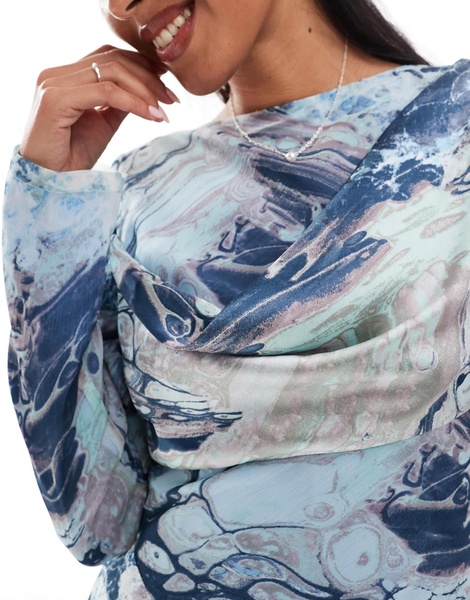 ASOS DESIGN cowl neck satin chiffon mix long sleeve maxi dress in marble abstract print