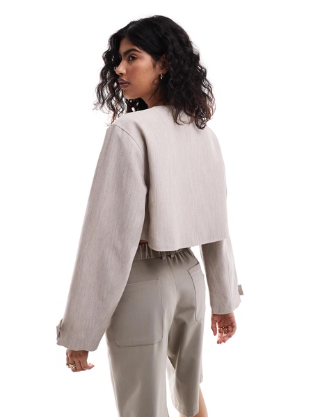 ASOS DESIGN cropped collarless linen look jacket in oatmeal