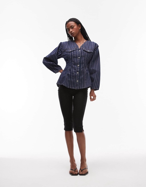 Topshop red stripe cinched denim shirt in indigo