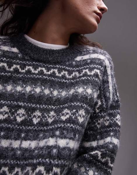 Topshop knitted all over fairisle print oversized sweater in gray