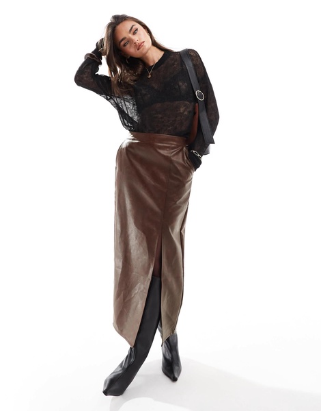 ASOS DESIGN leather look maxi skirt with side slit in washed brown