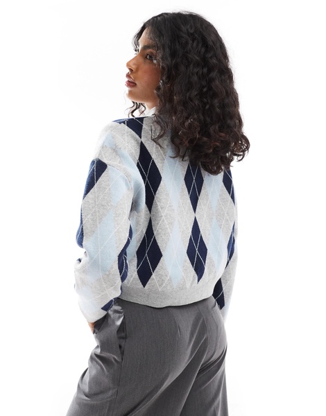 Bershka argyle checked polo neck sweater in gray