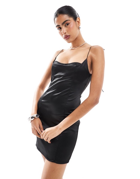 Bershka bra detail satin mini dress in black