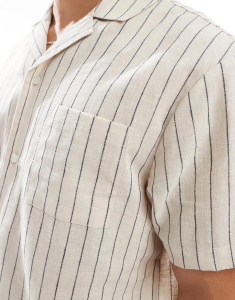 Another Influence striped linen short sleeve shirt in sand and navy