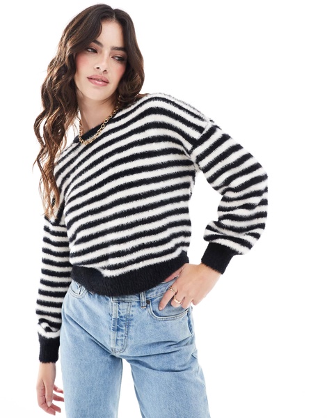 ONLY fluffy detail stripe sweater in black & white