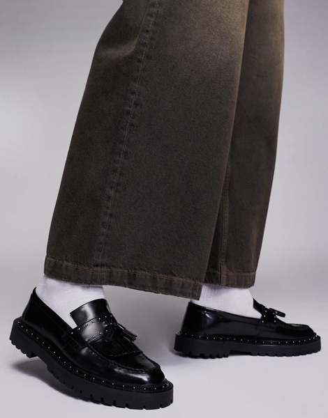 ASOS DESIGN chunky penny loafers in black leather with silver hardware
