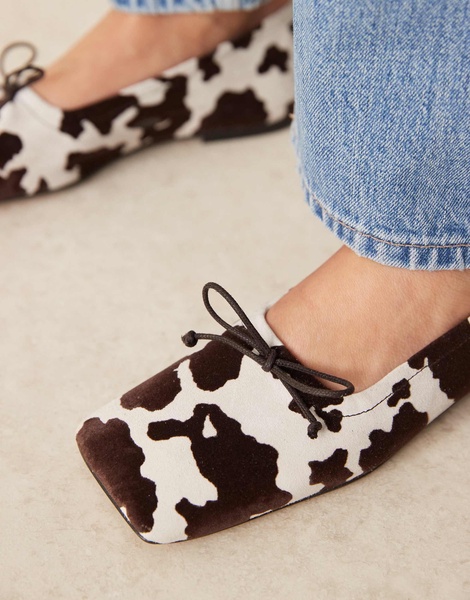 ASOS DESIGN Lotus premium suede ballet flats in cow print