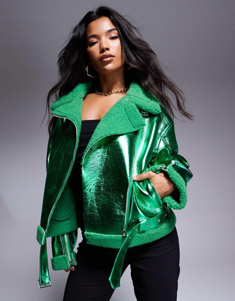 Amy Lynn aviator jacket in metallic emerald green