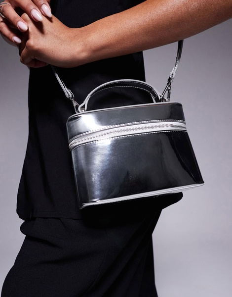 ASOS DESIGN vanity box bag with detachable cross body strap in high shine silver
