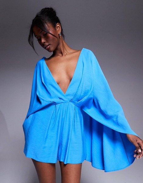 ASOS DESIGN exaggerated sleeve plunge romper in cobalt blue