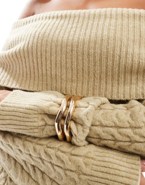 Bershka bardot cable knit sweater in khaki